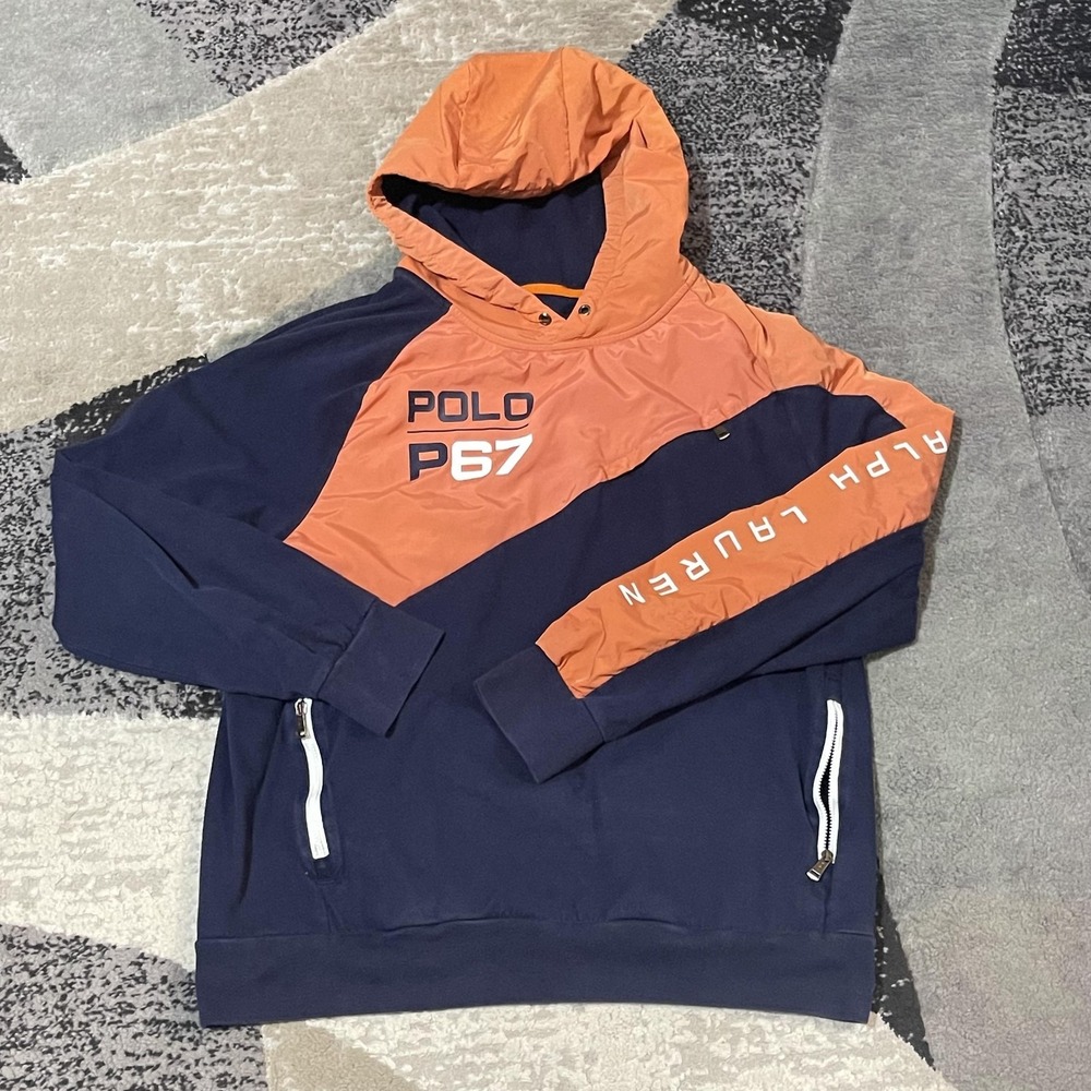 Polo Ralph Lauren P67 Performance Hoodie Men Small Blue Orange Pullover Pockets